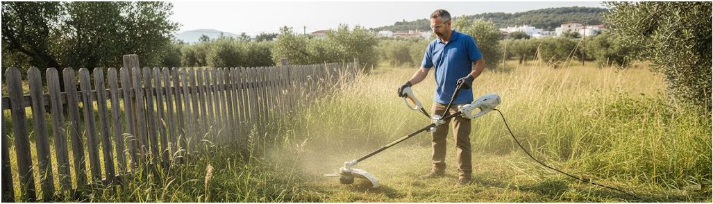 Operator using the Nakayama Pro EB1012 1400W electric brush cutter with bike handle in an open field.